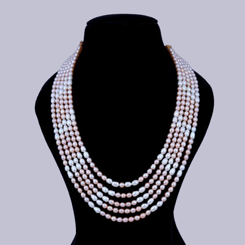 Classic 5-Layer Peach & White Pearl Necklace