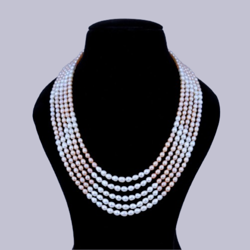 Elegant 5-Layer Peach & White Pearl Necklace
