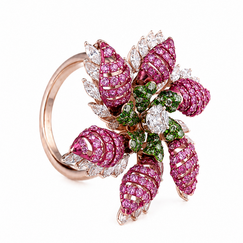 Pink Leaf Blossom 14KT Gold Diamond Ring