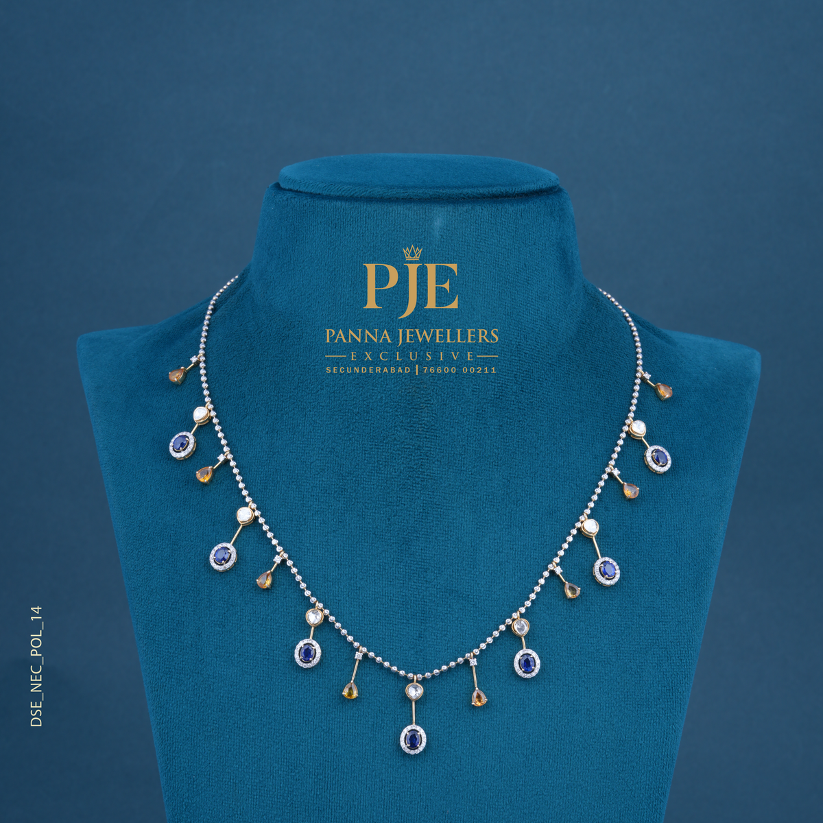 Sapphire Drop 14KT Gold Diamond Station Necklace