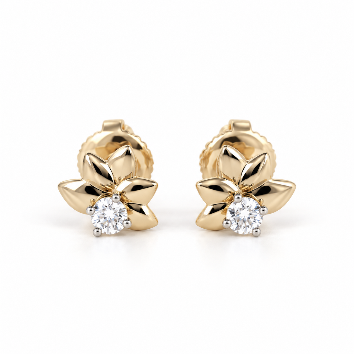 Dainty Leaves 14KT Gold Diamond Stud Earrings