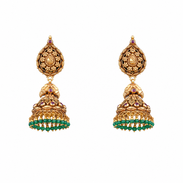 Bhairavi 22KT Gold Antique Jhumka Earrings