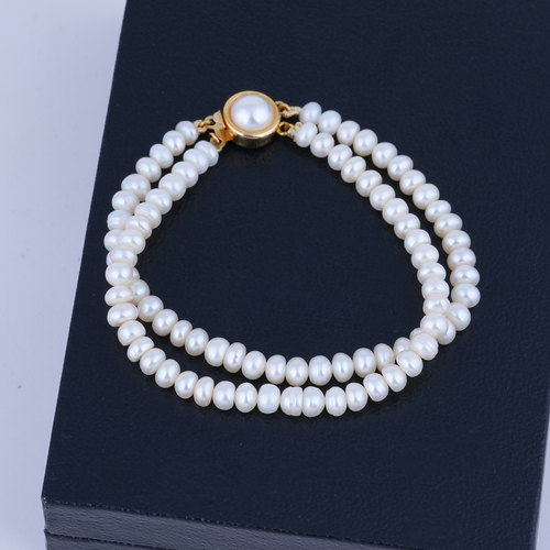 Flat Round Dual Layer White Pearl Bracelet