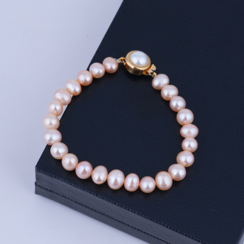 Flat Round Peach Pearl Bracelet