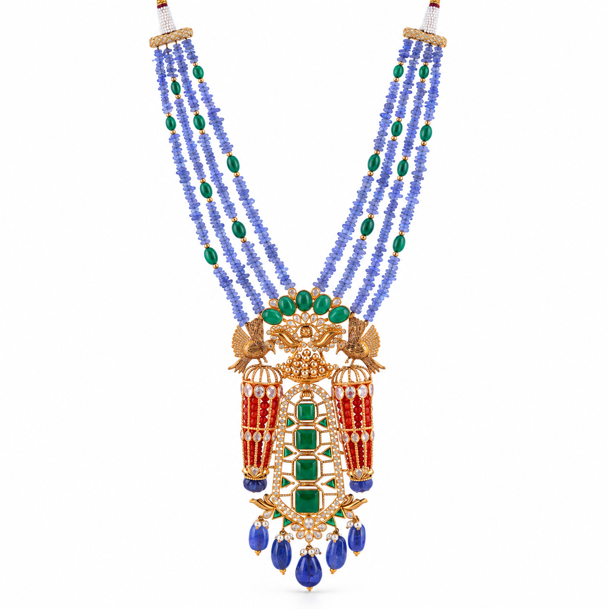 Heritage Bird Emerald 22KT Gold Beaded Necklace
