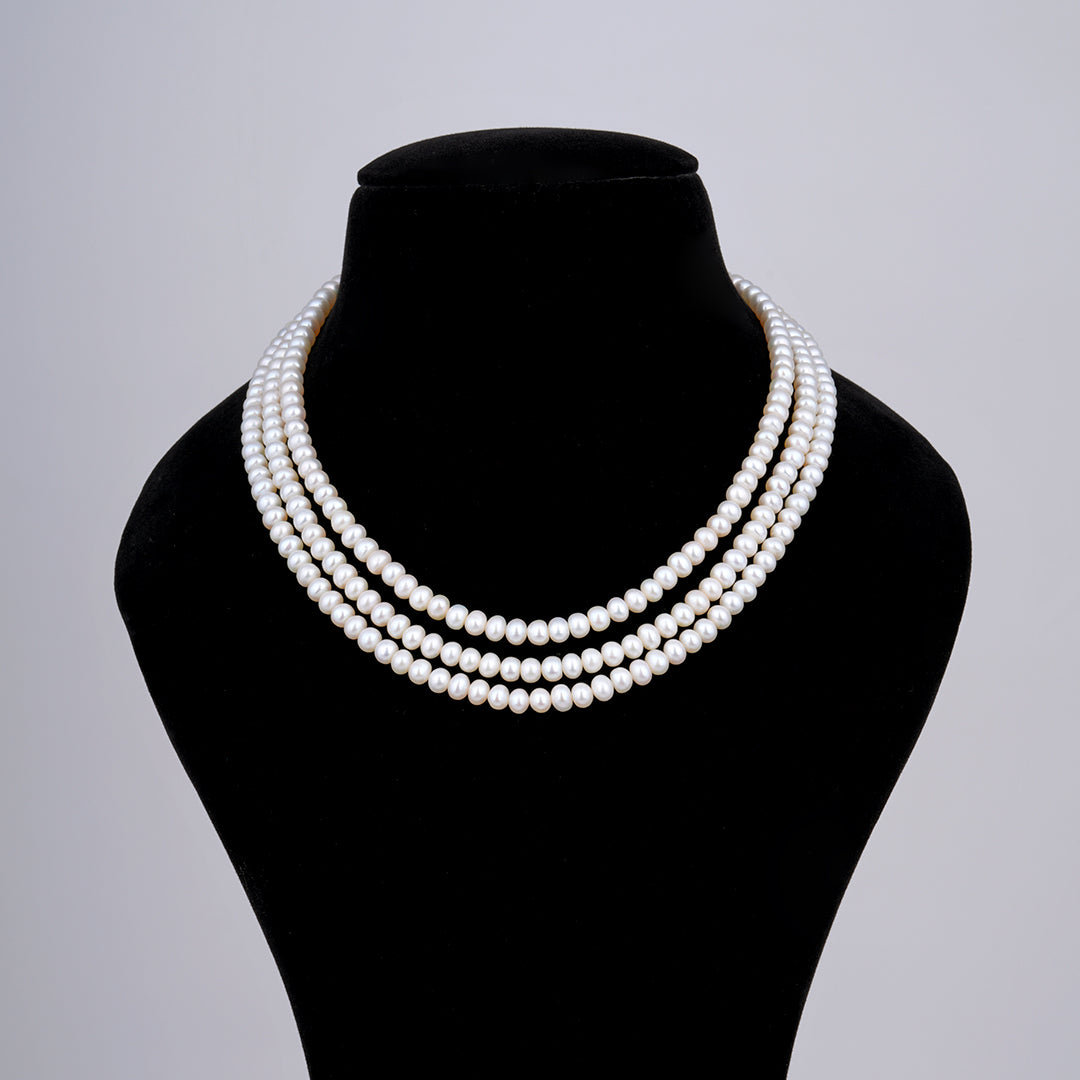 Vibrant Tri Layer White Pearl Necklace