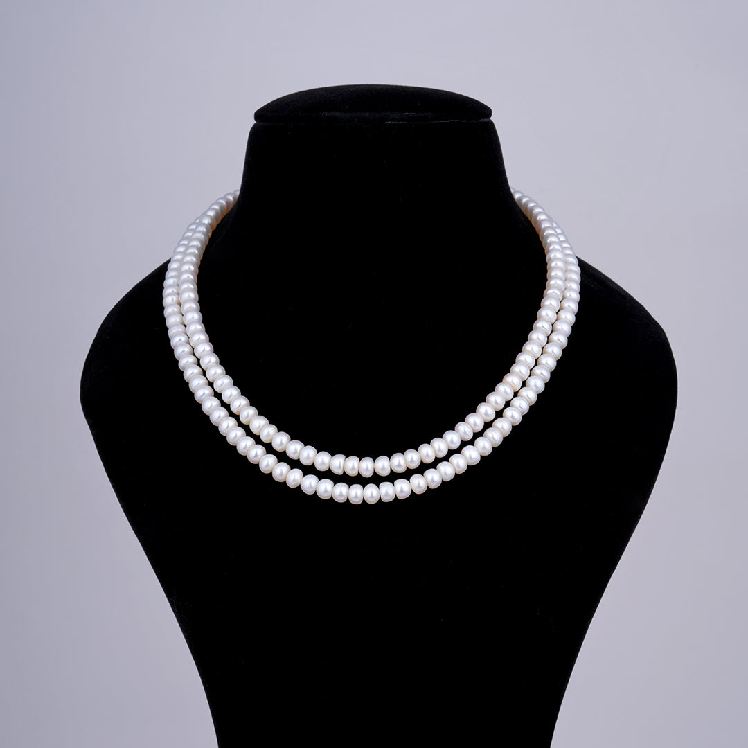 Bright Layered Flat White Pearl Necklace