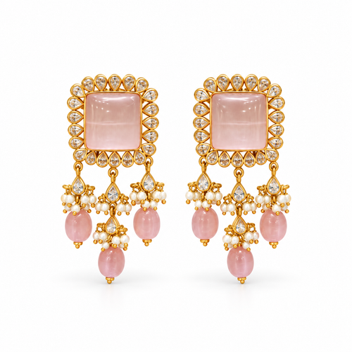 Rose Quartz 22KT Gold Pearl Drop Earrings