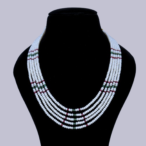 5-Layer Ruby & Emerald Beaded Pearl Necklace