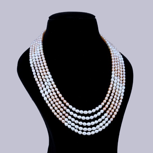 Elegant 5-Layer Peach & White Pearl Necklace