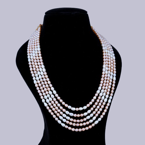 Classic 5-Layer Peach & White Pearl Necklace