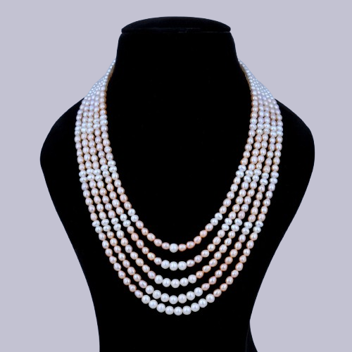Premium 5-Layer Peach & White Pearl Necklace