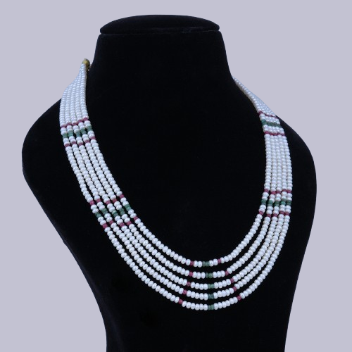 5-Layer Ruby & Emerald Beaded Pearl Necklace