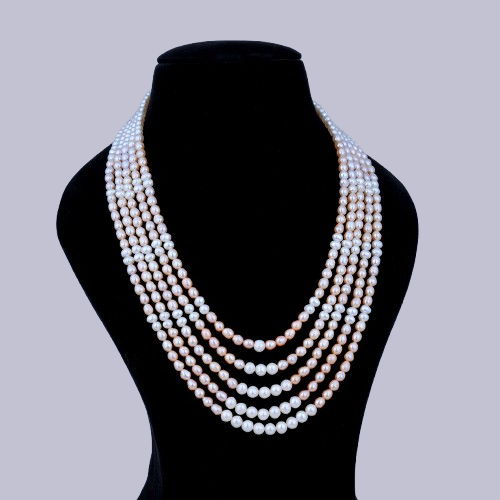 Premium 5-Layer Peach & White Pearl Necklace