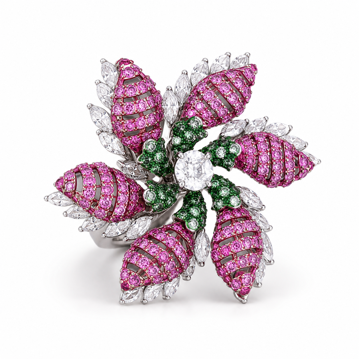 Pink Leaf Blossom 14KT Gold Diamond Ring