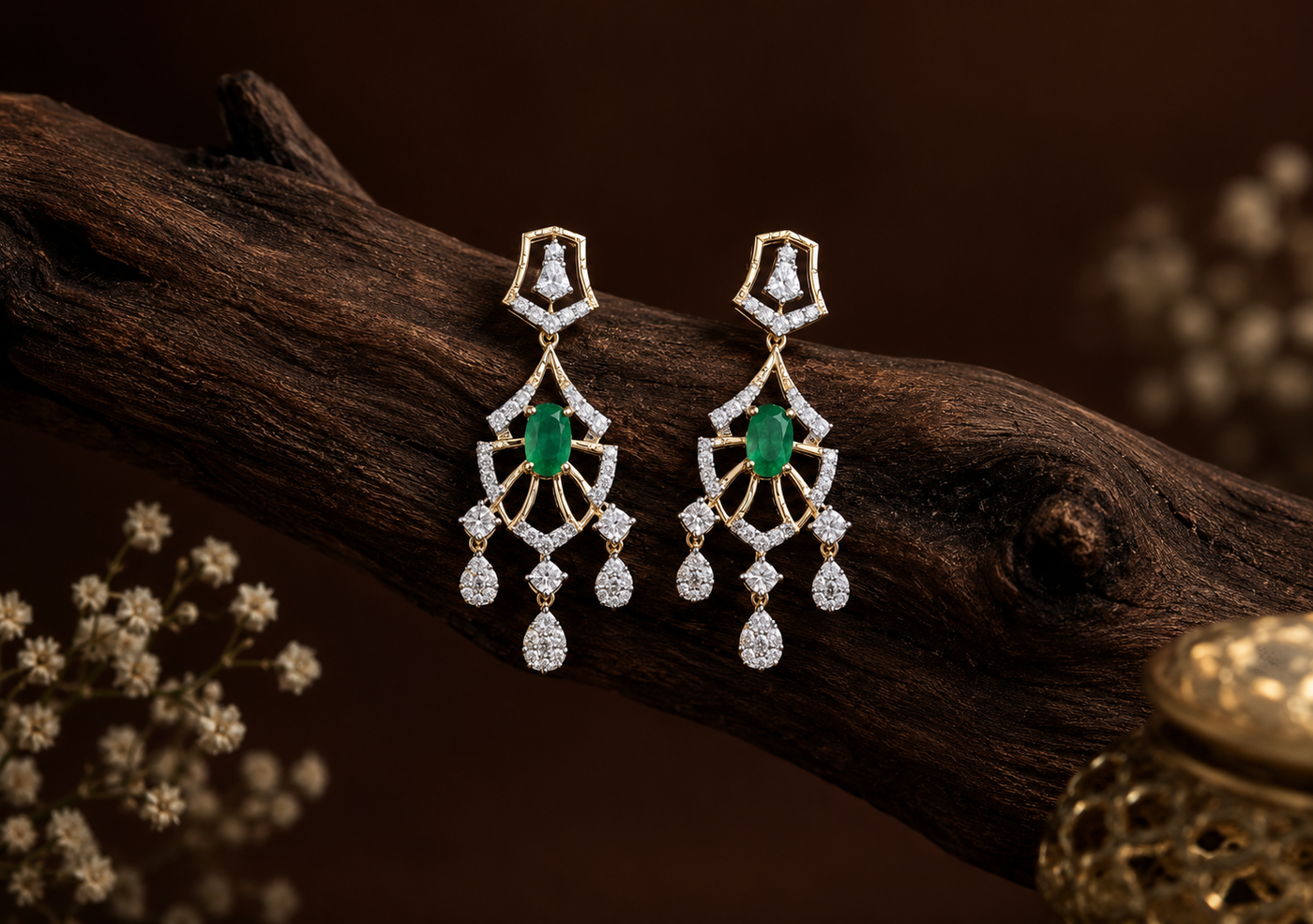 A pair of gold and diamond drop earrings.