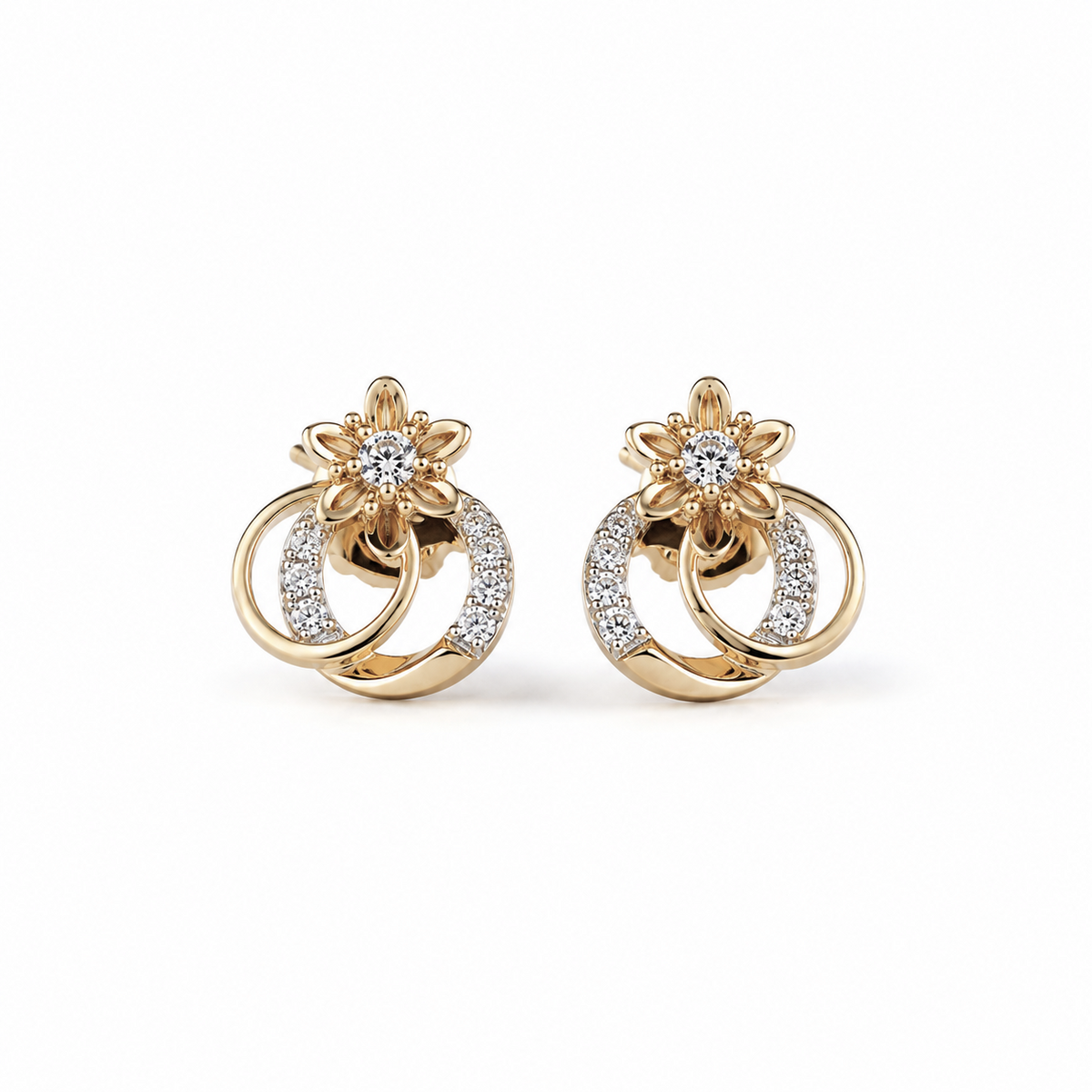 Floral Circlet 14KT Gold Diamond Stud Earrings