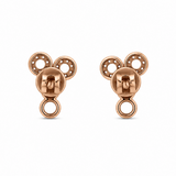 A pair of rose gold stud earrings shaped like a stylized mouse head silhouette, featuring circular details, shown on a plain white background.