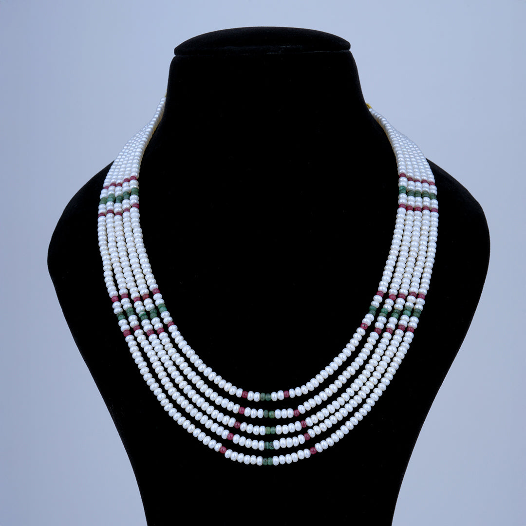 5 line Flat Rubi & Emerald Bead Pearl Mala