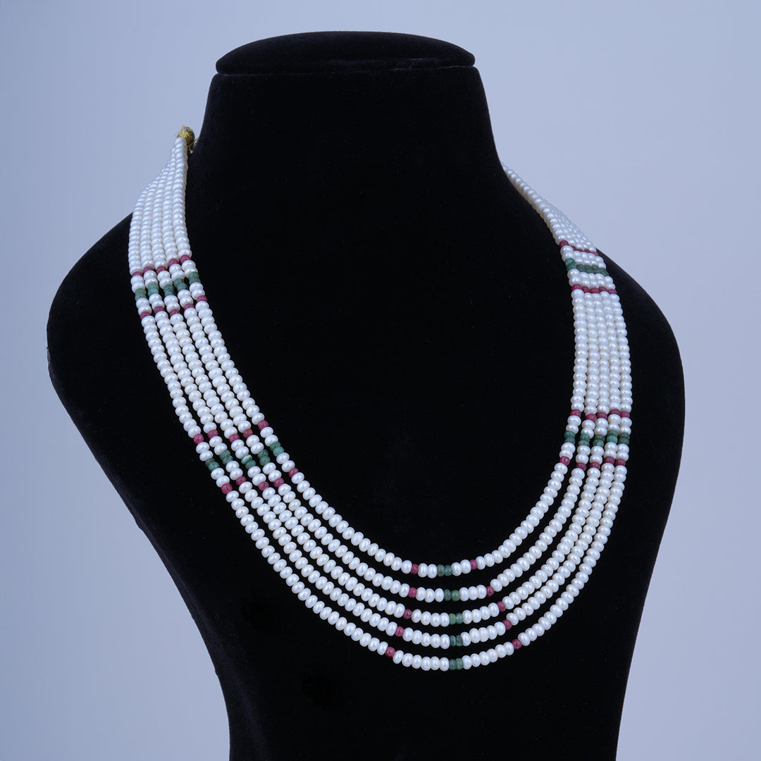 5 line Flat Rubi & Emerald Bead Pearl Mala