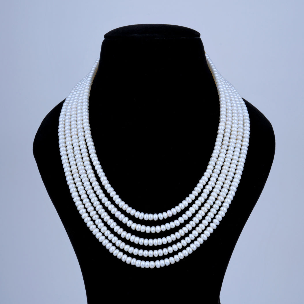 5 line White Flat Pearl Mala
