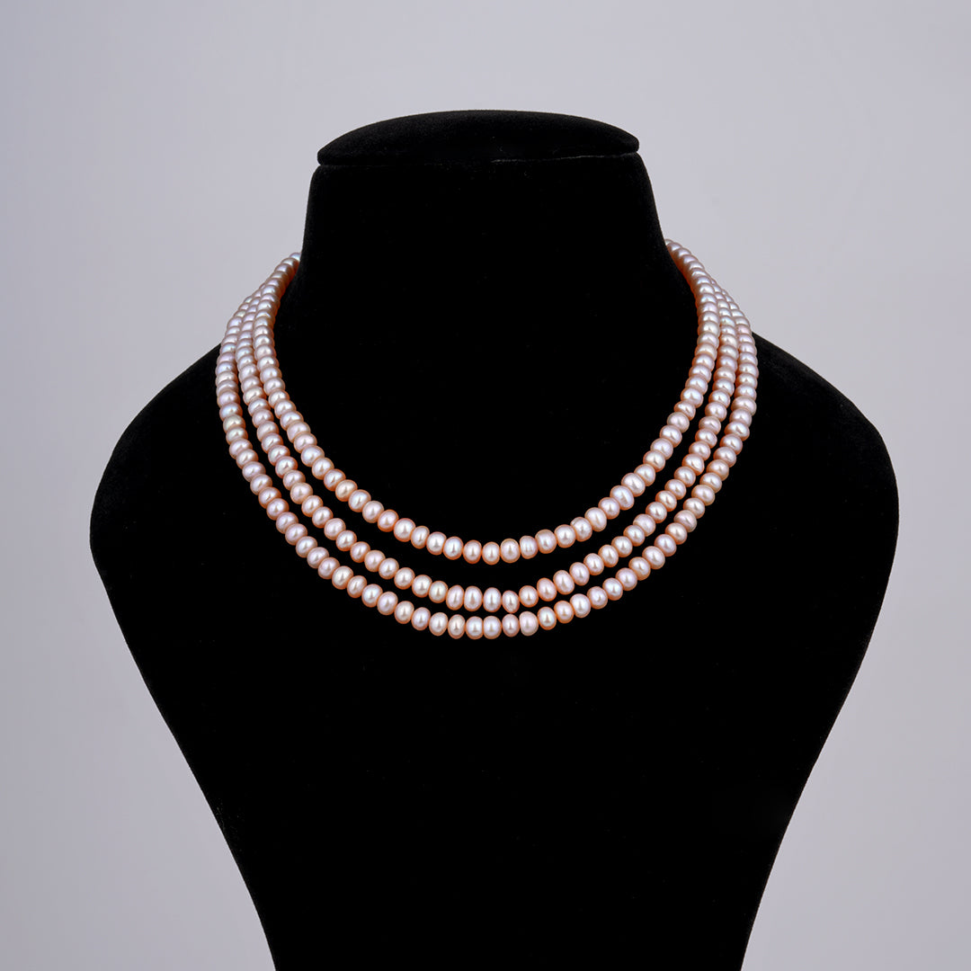 Tri Layer Flat Pink Pearl Necklace
