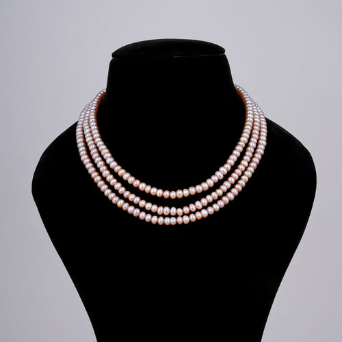 Tri Layer Flat Pink Pearl Necklace