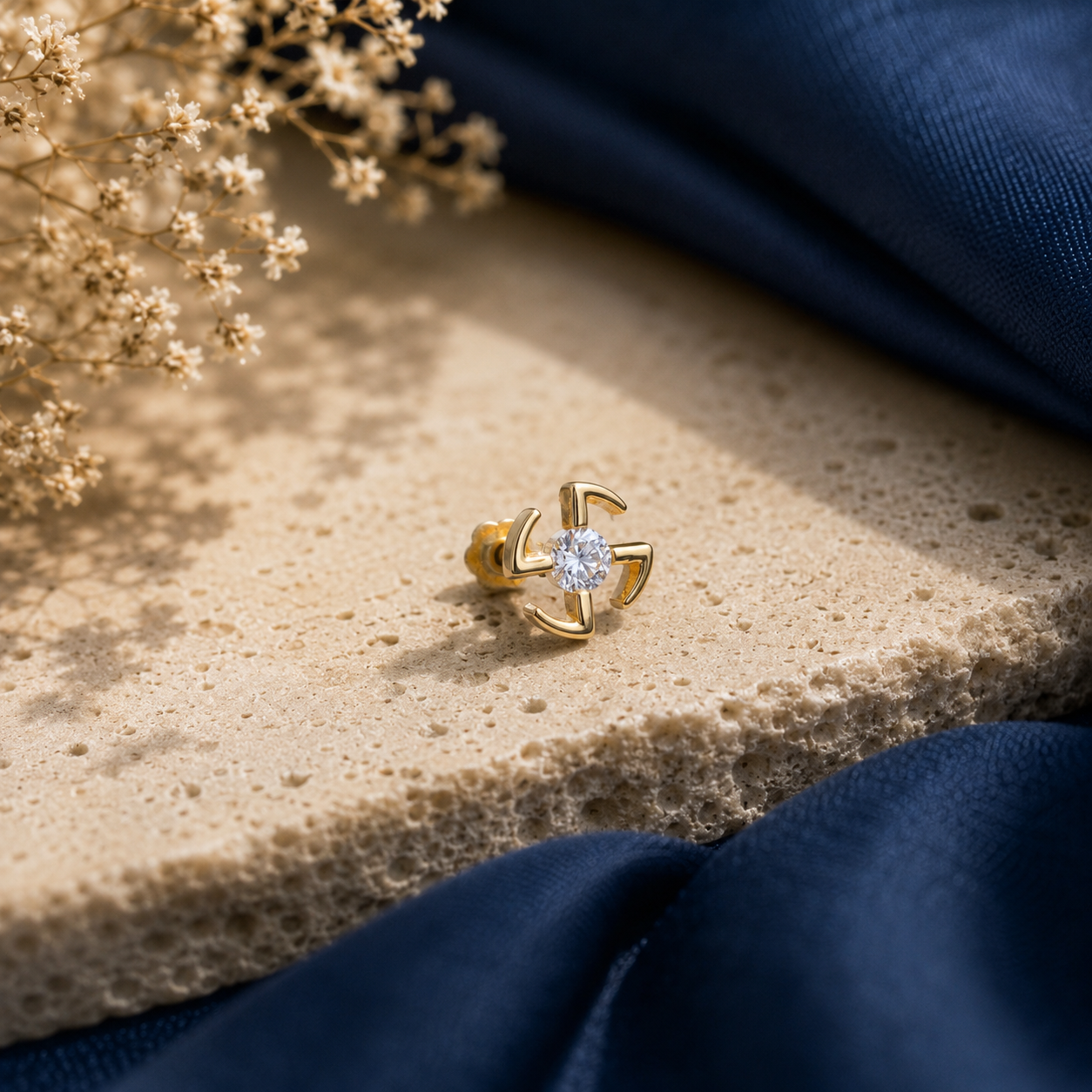Swastik 18KT Gold Diamond Nose Pin