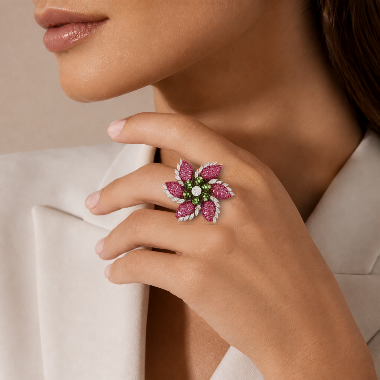 Pink Leaf Blossom 14KT Gold Diamond Ring